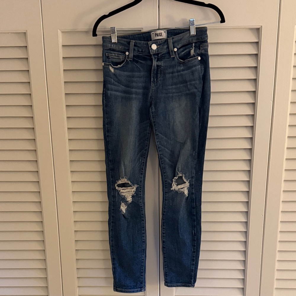 PAIGE Dark Wash Distressed Verdugo Ankle Skinny Jeans